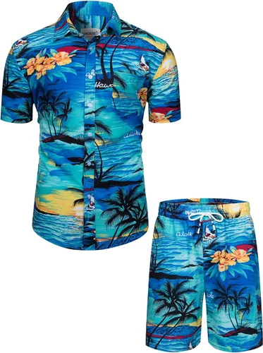 TUNEVUSE Camisa hawaiana de manga corta para hombre, trajes con estampado de flores, conjuntos tropicales de 2 piezas, camisas y pantalones cortos