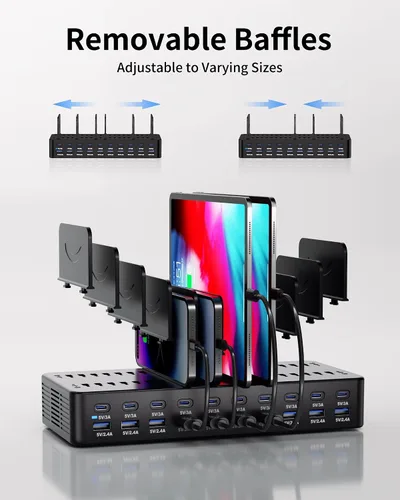 Miniatura 5 de Estación de carga de 270 W para múltiples dispositivos, estación de carga rápida USB de 20 puertos con divisores ajustables y 10 cables, base