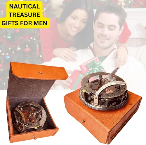 Miniatura 3 de Brújula de reloj de sol de aniversario de latón cobre reloj de sol náutico vintage bronce 7th 8th boda cuero caso (reloj de sol clásico 3.5 pulgadas)