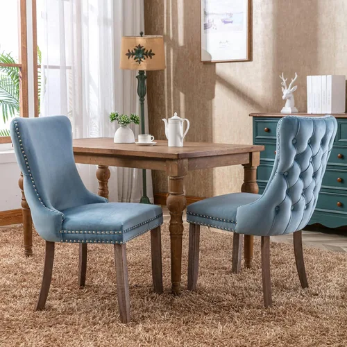 Miniatura 7 de Juego de 4 sillas de comedor de terciopelo, sillas de comedor tapizadas con respaldo de alas altas con ribete de cabeza de clavo, patas de madera