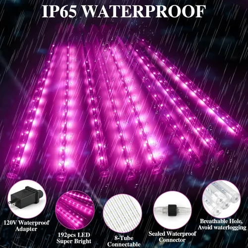 Miniatura 4 de Luces de lluvia de meteoritos, 192 luces LED de lluvia que caen, 8 tubos de 11.8 pulgadas, impermeables, para Navidad, enchufables, luces LED