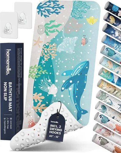 Miniatura 8 de Homerella - Alfombrilla de baño antideslizante y antideslizante para niños, 40 x 16 pulgadas, sin BPA, incluye 2 ganchos, tapete de ducha lavable
