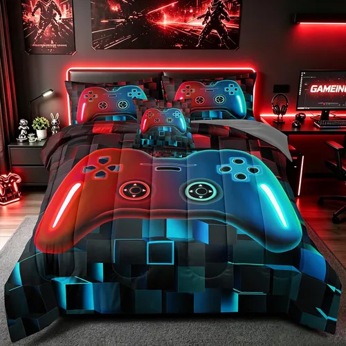 Miniatura 7 de Juego de ropa de cama de 5 piezas con estampado de videojuegos tamaño individual para niños, niñas, adolescentes, ropa de cama de 5 piezas en una