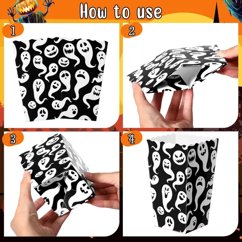 Miniatura 4 de Roshtia 24 cajas de palomitas de maíz de Halloween, 6 diseños de bolsas de palomitas de maíz, cajas de dulces para golosinas para aperitivos, bolsas
