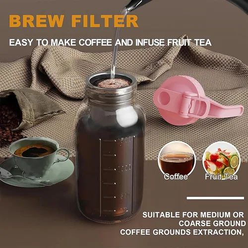Miniatura 6 de JunVpic Tarro para cafetera fría – Tapa multiusos de vidrio grueso de 64 onzas con asa y filtro de acero inoxidable para café helado, limonada, té