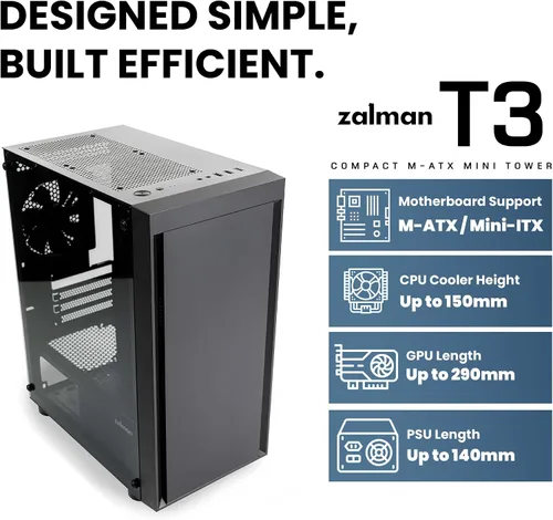 Miniatura 3 de Zalman Funda para PC T3 Micro-ATX MATX, incluye 2 ventiladores no RGB de 4.724 in, panel lateral de vidrio templado completo, USB 3.0, compatible