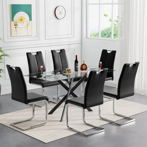 Miniatura 22 de Juego de mesa de comedor de cristal negro de 51 pulgadas para mesa de cocina de 4,5 piezas y sillas con patas de metal y 4 sillas de comedor de piel