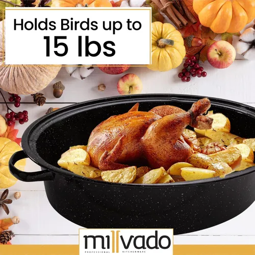 Miniatura 3 de Millvado Bandeja para Asar con Tapa, Bandeja para Asar Pavo, Capacidad Extra Grande de 15 libras, Asador de Horno de Granito de 18" Forma Ovalada