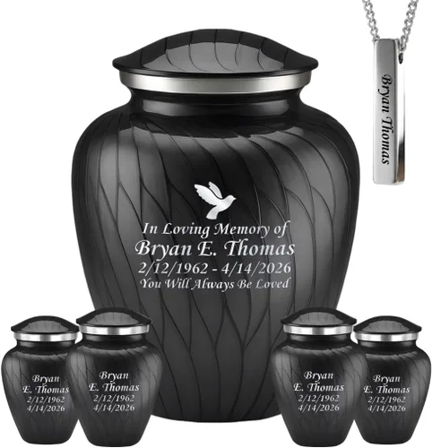 Miniatura 18 de Juego de 6 urnas funerarias decorativas negras y doradas personalizadas/grabadas para cenizas humanas, hombres y mujeres, con 1 urna grande