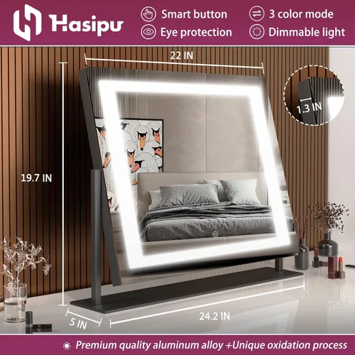 Miniatura 4 de Hasipu Espejo de tocador con luces, espejo de maquillaje LED de 24.2 x 19.7 pulgadas, espejo iluminado con aumento de 10 veces y USB, soporte