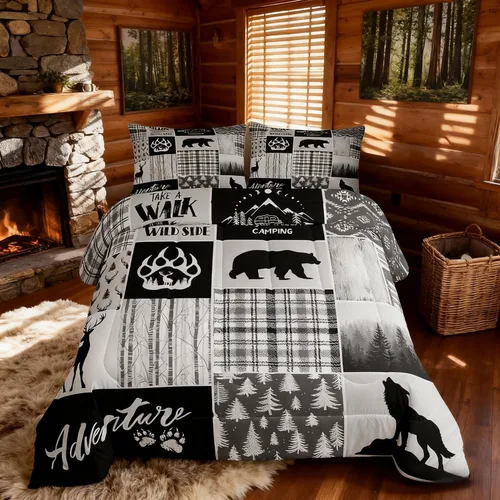 Miniatura 109 de Juego de edredón de cuernos de ciervo tamaño individual, juego de ropa de cama rústica de granja con huellas de oso y pinos para decoración