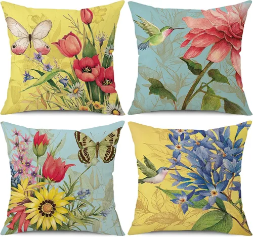 wyooxoo Fundas de Almohada de Primavera Verano 16x16 Juego de 4 Fundas de Cojines Decorativos de Lino con Flores y Mariposas Estilo Granja para Sofá