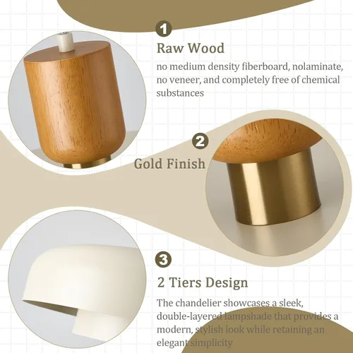 Miniatura 4 de Lámpara Colgante Grande Moderna de 19.68 Pulgadas, 2 Niveles con Pantallas Crema Suaves, Acento de Madera Natural y Latón, Candelabro de Mediados