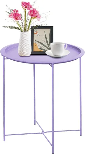Miniatura 12 de Garden 4 you - Mesa auxiliar de metal negra redonda plegable con bandeja cian, mesa auxiliar redonda, para poner al lado del sofá, mesa