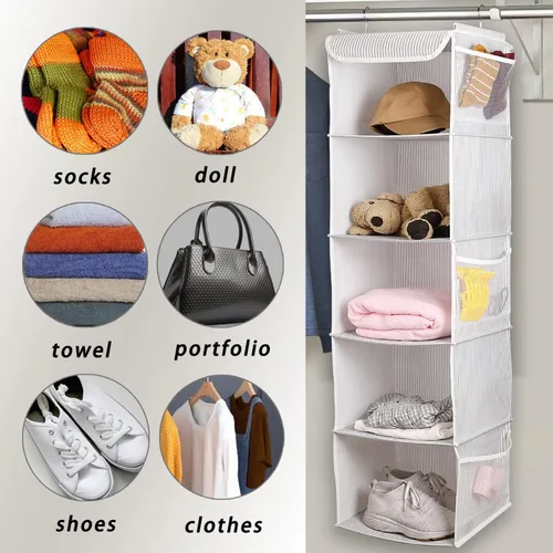 Miniatura 3 de BrilliantJo Organizador colgante de armario con 5 estantes, 2 paquetes de almacenamiento colgante con 6 bolsillos laterales para ropa y zapatos, 43