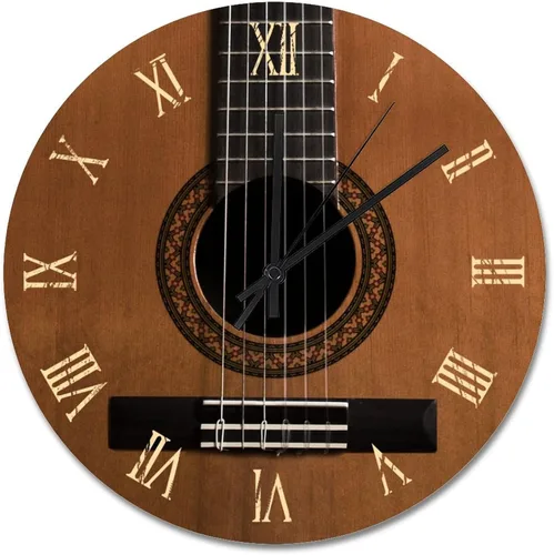 Miniatura 25 de Reloj de pared con aspecto de madera natural, reloj de pared de guitarra acústica, silencioso, redondo, de madera, funciona con pilas, reloj