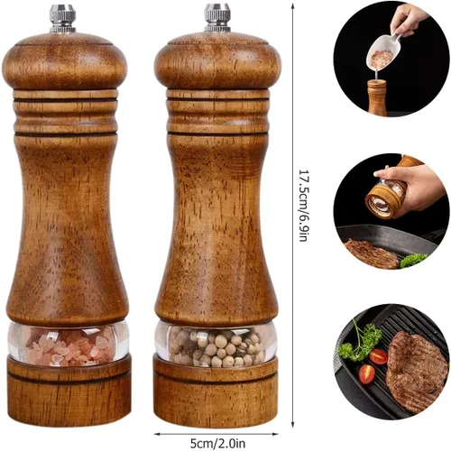 Miniatura 7 de Juego de 4 molinillo de sal y pimienta de madera de 7 pulgadas, molinillo de pimienta manual recargable con núcleos de molienda de cerámica, grosor