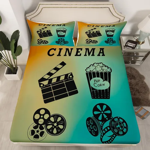 Sábana bajera ajustable de cine tamaño individual, sábanas vintage para niños, niñas y adultos, juego de ropa de cama de palomitas de maíz,