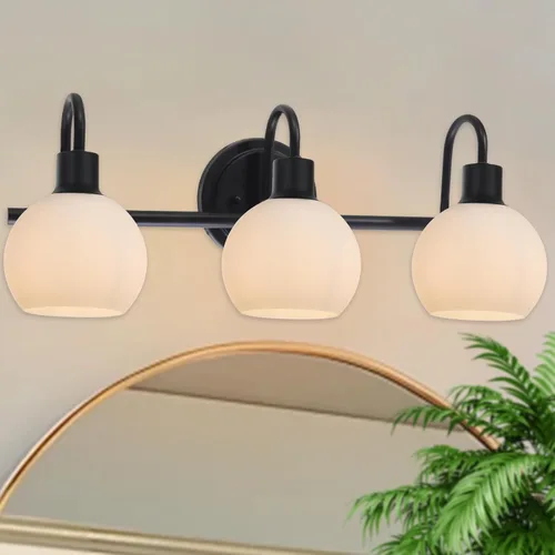 Miniatura 10 de Accesorios de iluminación de tocador de baño negros de 5 luces sobre espejo, iluminación moderna de pared con apliques de vidrio esmerilado