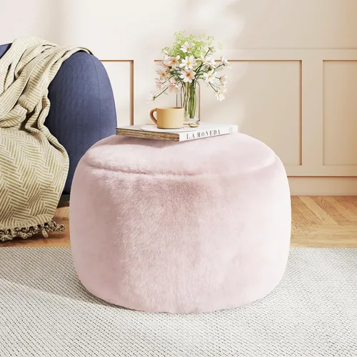 Miniatura 11 de Puf otomano redondo de relleno, pufs de piel sintética con relleno de espuma viscoelástica, otomanas para sala de estar, guardería, dormitorio, Gris