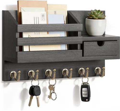 Miniatura 12 de FifthQuarter Organizador de llaves y correo para pared, organizador de correo con montaje en pared con 6 ganchos y cajón de almacenamiento, estante