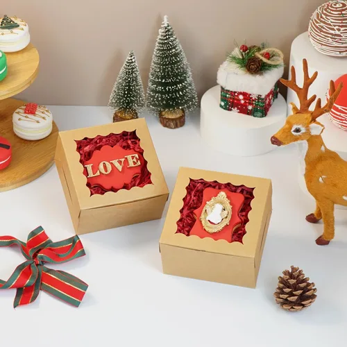 Miniatura 6 de XINHPKGG 100 cajas de galletas de 4 x 4 x 2.5 pulgadas, cajas de panadería con ventana, caja de postre para recuerdos de boda, fiesta, color marrón