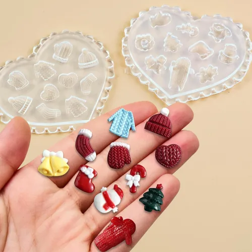 Miniatura 7 de 2 piezas de moldes de silicona de resina para pequeñas cositas navideñas, lindos micro muñeco de nieve, árbol de Navidad, campana, sombrero, moldes