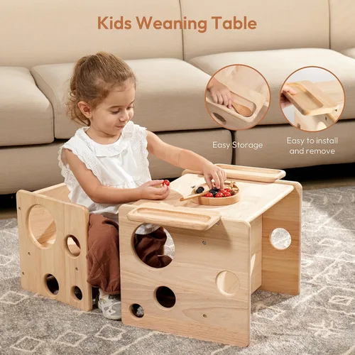 Miniatura 6 de Woodtoe Montessori - Juego de mesa y silla de destete, mesa y silla ajustable para niños pequeños, mesa de actividades de madera maciza, ideal