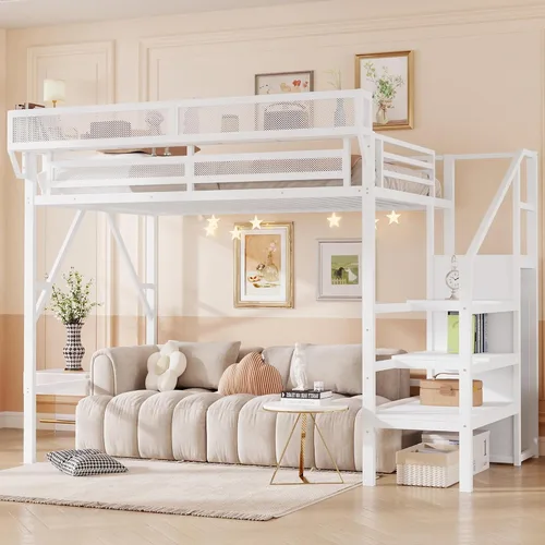 Miniatura 11 de KEIKI Base de cama de metal tamaño individual con escalera convertible, estantes de almacenamiento integrados y armario, cama alta con listones