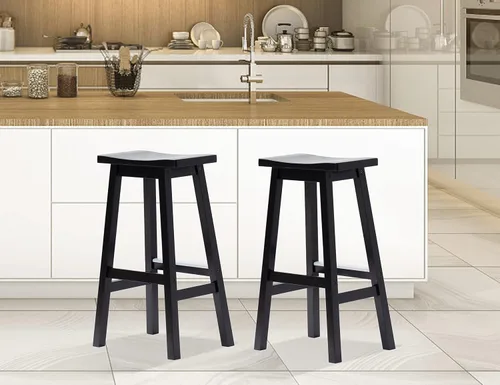 Miniatura 9 de Juego de 2 taburetes de bar de madera maciza con placas de pie de metal, taburetes modernos sin espalda de 24 pulgadas de altura para encimera