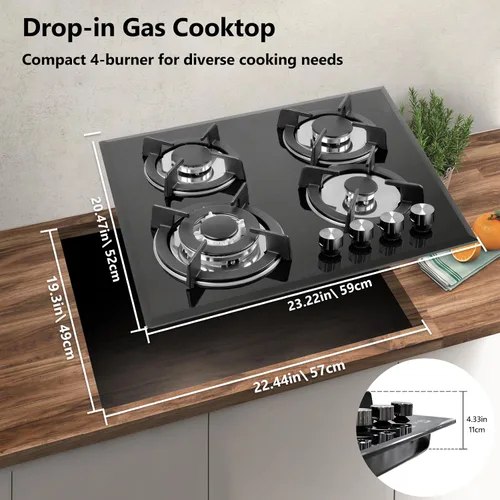 Miniatura 5 de Estufa de gas superior de 4 quemadores de 24 pulgadas, estufa de gas de vidrio incorporada, estufa convertible de gas neutro propano, estufa
