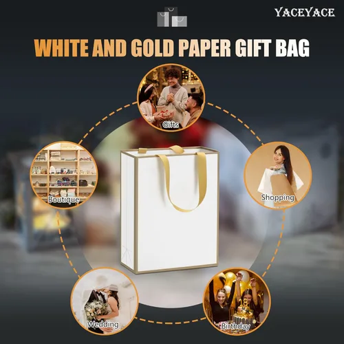 Miniatura 7 de Bolsas de regalo de tamaño mediano con asas de cinta, 10 bolsas de regalo blancas de 8 x 4.25 x 10.5 pulgadas con marco delgado dorado, bolsa