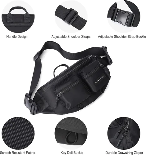 Miniatura 5 de Riñonera para mujeres y hombres, bolsa cruzada con 6 bolsillos con cremallera, correa ajustable, cangureras negras, bolsa para hombres, viajes al