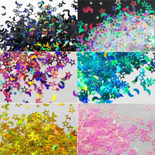 Miniatura 2 de LoveOurHome 6 colores de estrellas y lunas con purpurina gruesa, escamas de resina epoxi, accesorios holográficos, estrellas negras y azules