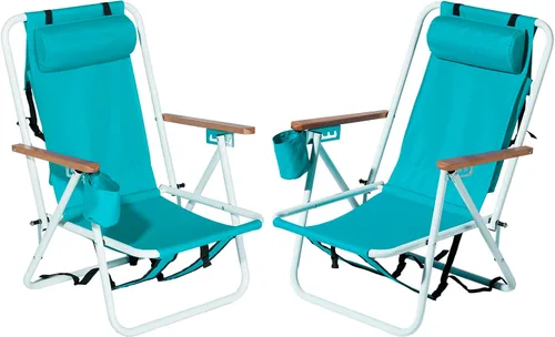 Miniatura 14 de Outvita Silla de playa plegable con reposacabezas ajustable de 4 ángulos de inclinación flexibles, con soporte para tazas, portátil, de alta Azul