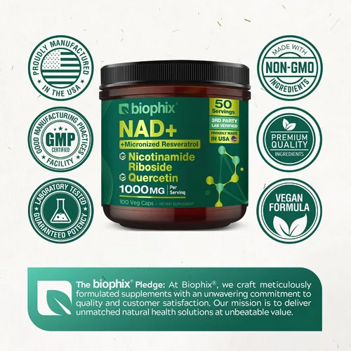 Miniatura 6 de biophix Suplemento liposomal NAD+ para mujeres y hombres, 1000 mg por porción, ribósido de nicotinamida, resveratrol micronizado y complejo