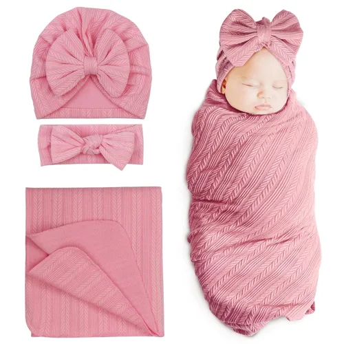 Miniatura 13 de DRESHOW BQUBO Manta de recepción para recién nacido, cálida para niñas con sombrero de lazo y diadema de lazo, regalo para baby shower 1 juego