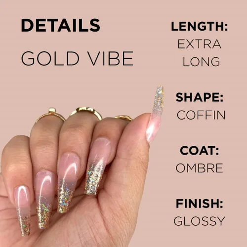 Miniatura 3 de GOLD VIBES - Uñas a presión de Lavaa Beauty Punta dorada con purpurina degradada Ataúd extra largas Vibes de oro