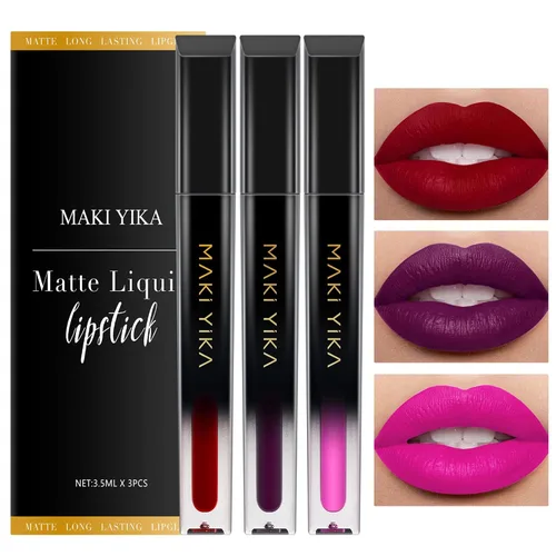 Miniatura 46 de MAKI YIKA Lápiz labial rojo burdeos para mujer, pintalabios de larga duración, sin manchas, mate, líquido, a prueba de transferencia, sin crueldad