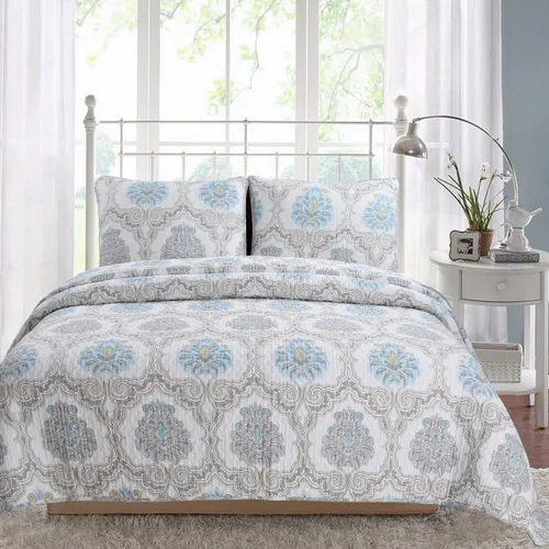 [Petal Fountain] Juego de edredón floral de 3 piezas 100% algodón hipoalergénico para dormitorio, tamaño matrimonial/queen, color gris aguamarina
