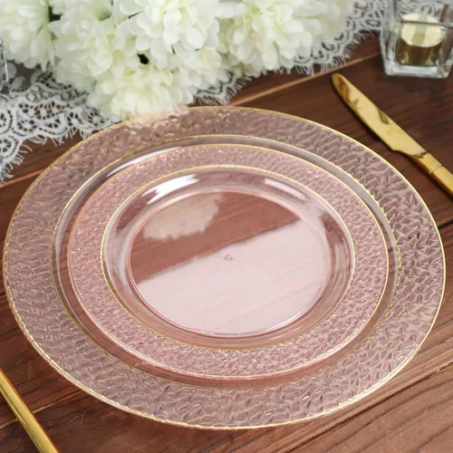 Miniatura 6 de Efavormart - Paquete de 10 platos de postre de plástico martillado de oro rosa rubor de 7.5 pulgadas con borde dorado, platos redondos desechables