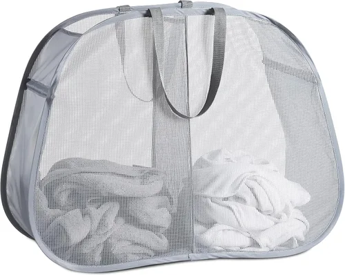 Cesto de malla desplegable para ropa sucia, 2 compartimentos, cesta clasificadora plegable para ropa, dormitorio universitario, viajes (gris)