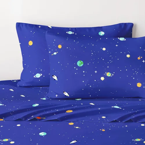 Miniatura 5 de Wake In Cloud - Sábanas espaciales para niños, 100% algodón, juego de sábanas de 4 piezas para niños, Galaxy Celestial, estrellas, cohetes