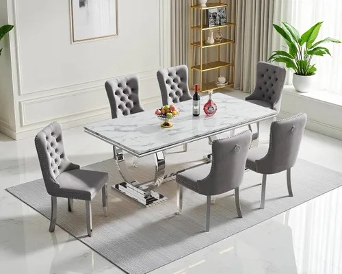 Miniatura 38 de Juego de mesa de comedor de mármol para 4, mesa de cocina rectangular de mármol blanco de 70 pulgadas con base en O de acero inoxidable dorado