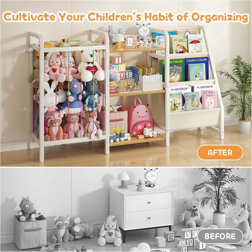 Miniatura 6 de B1 - Estantería infantil y almacenamiento de juguetes, estante de libros de 3 niveles para habitaciones de niños, estantería para bebés con Madera
