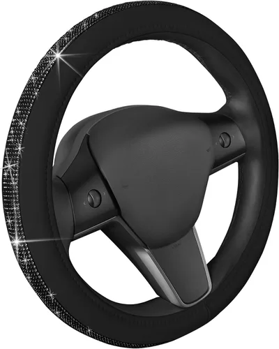 Miniatura 20 de Carbella Funda de volante suave de piel sintética trenzada negra, tamaño estándar de 15 pulgadas, se adapta a la mayoría de vehículos, funda mullida