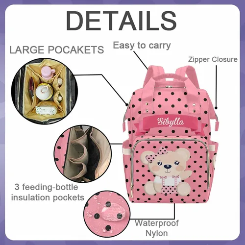 Miniatura 3 de Bolsa de pañales personalizada con nombre, bolsa de lactancia rosa personalizada con puntos negros, mochila impermeable de nailon para mujeres 1024-6
