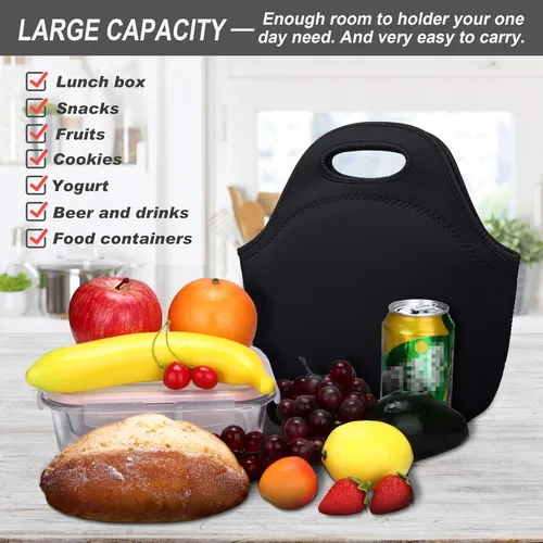 Miniatura 2 de Bolsa de almuerzo de neopreno para mujer, bolsa de almuerzo aislada, lavable, contenedor de almuerzo para el trabajo, picnic, bolsas ligeras de Negro