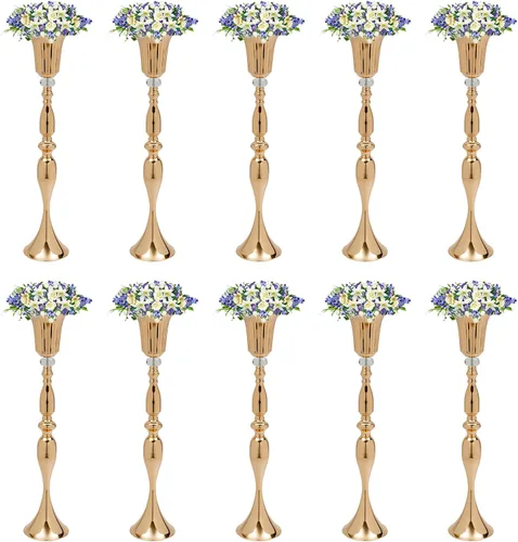 Miniatura 29 de Juego de 10 portavelas de metal dorado de 10.2 pulgadas de alto, florero, arreglo floral, candelabro, candelabro, portavelas para bodas, fiestas