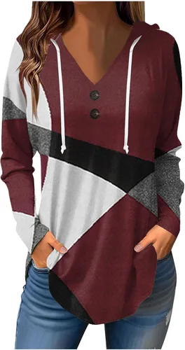 Long Sleeve Shirts for Women Vintage Color Block Blouse Sexy Button Down V Neck Hoodie Drawstring Going Out Tops